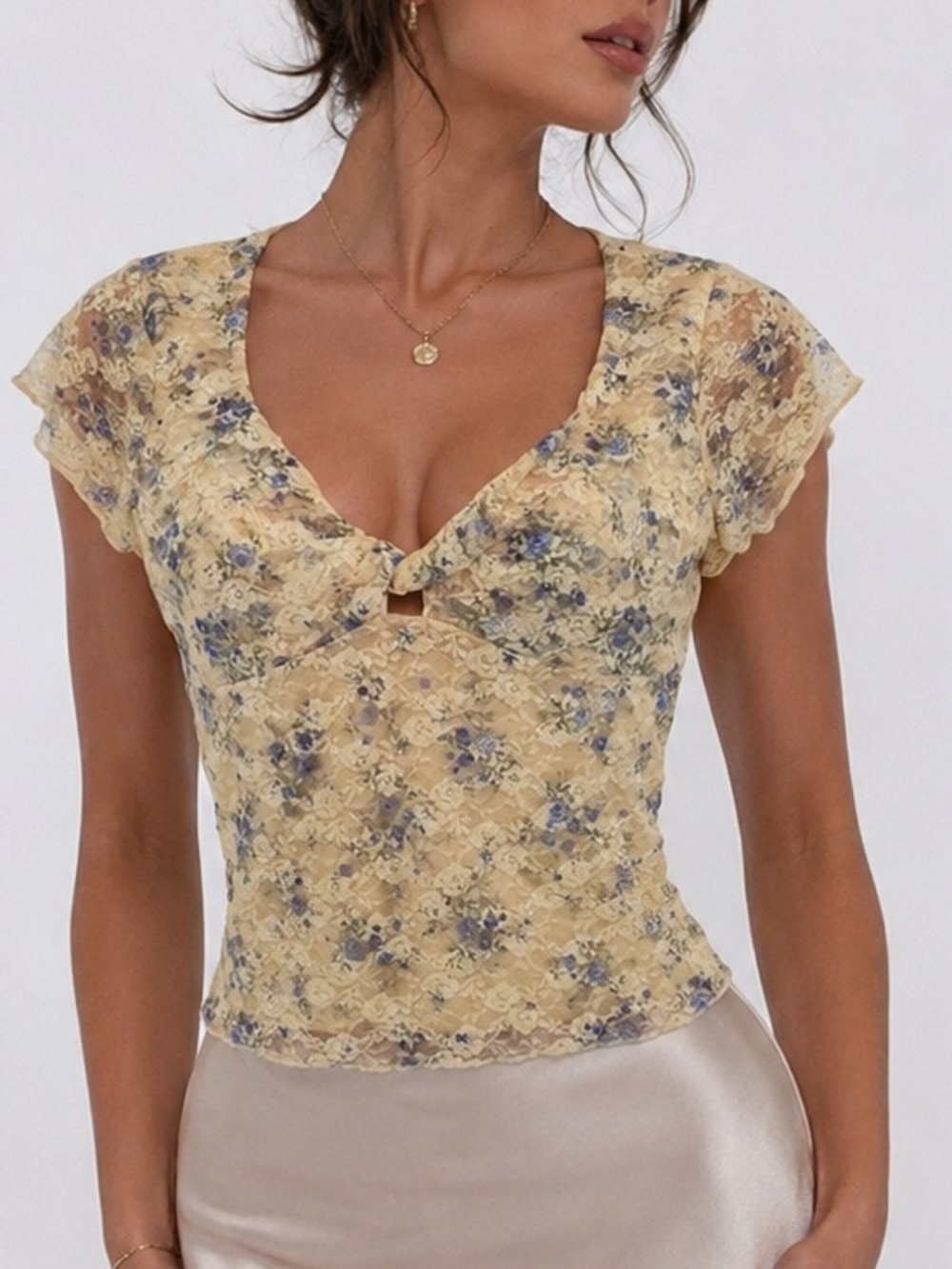 NWT Thirty/Thirty LA Yellow/Purple Floral Lace Coquette V-Neck Top Size Large